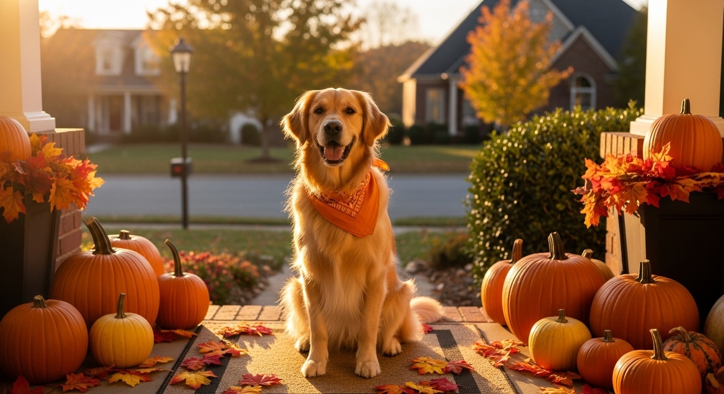 Golden retriever wearing orange bandana with Halloween pumpkins - Halloween dog safety tips Maryville TN