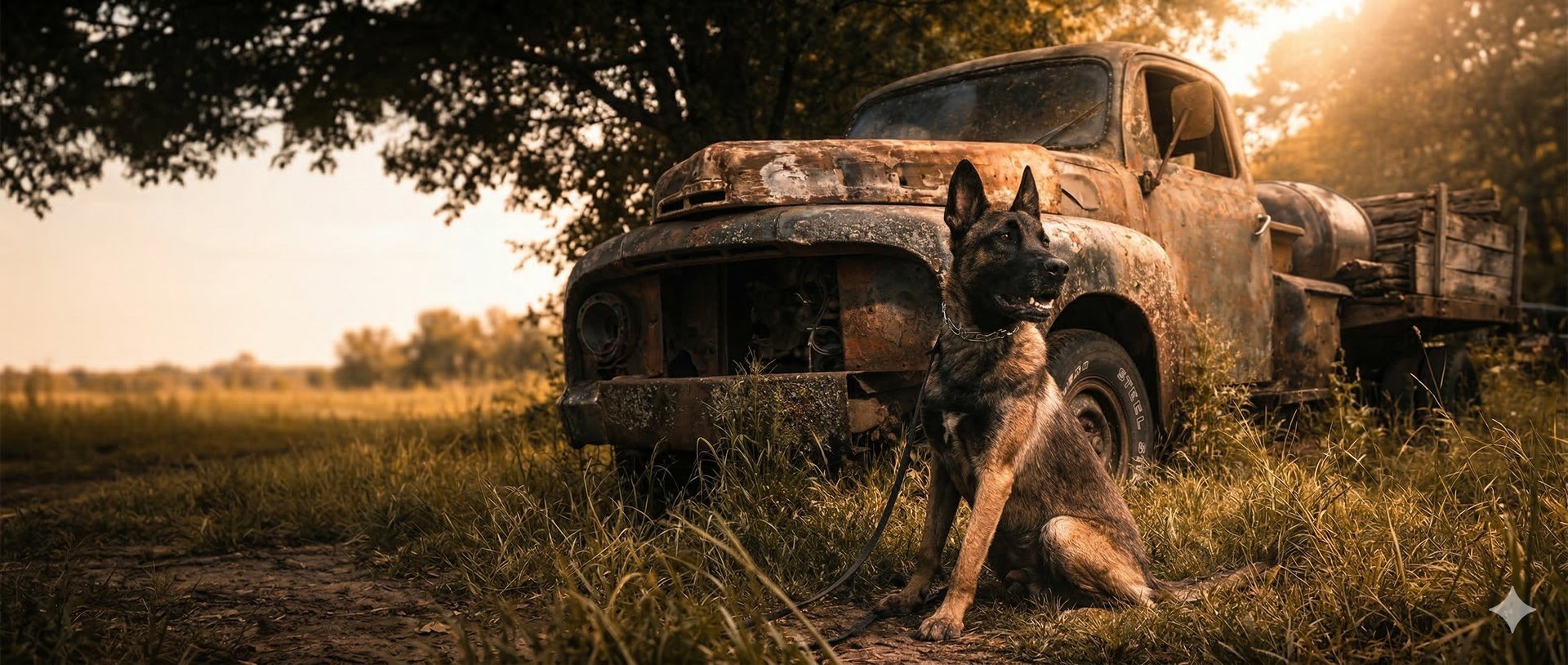 Belgian Malinois sitting by vintage truck at golden hour - Paws & Applause professional dog training and pet care in Maryville TN